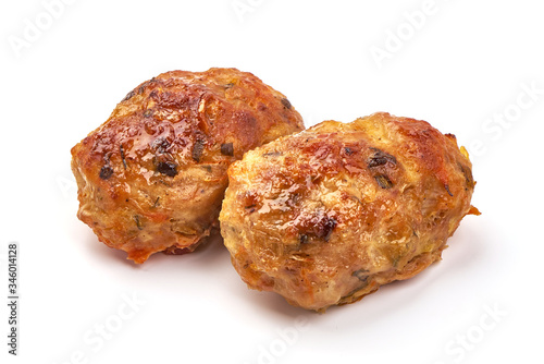 Baked pork meatballs, isolated on white background