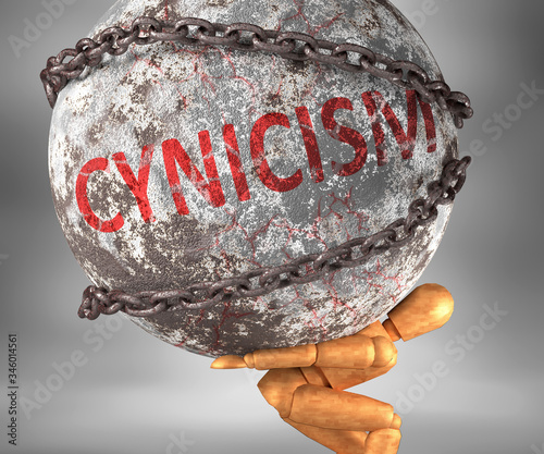 Cynicism and hardship in life - pictured by word Cynicism as a heavy weight on shoulders to symbolize Cynicism as a burden, 3d illustration