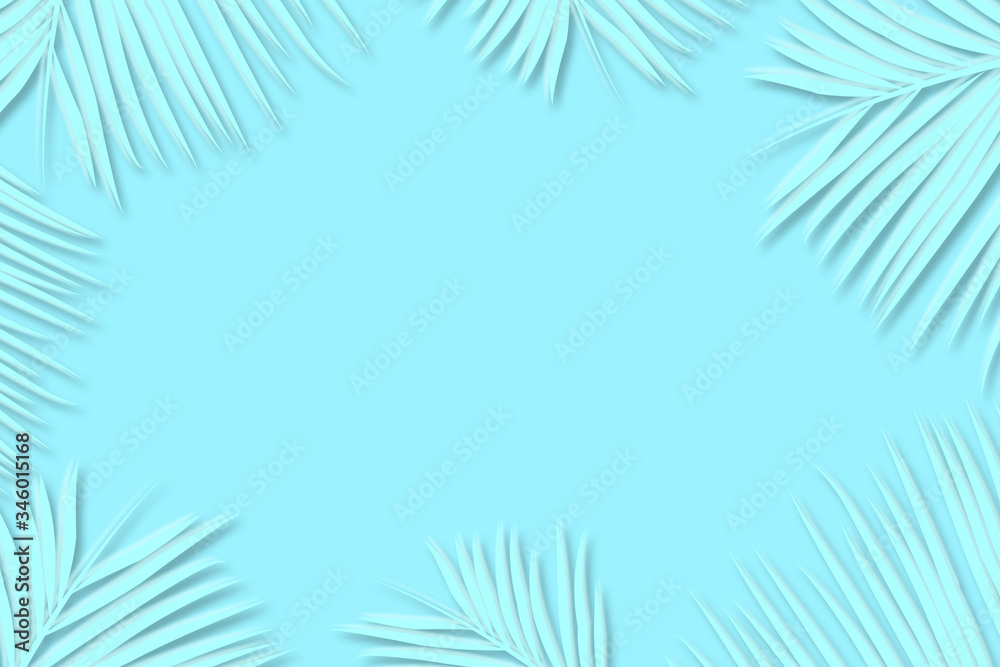 Palm leaves decorated with blank copy space on the soft pastel blue background