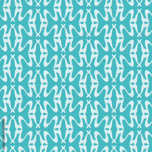 Aqua abstract seamless pattern created with symmetry and small letter R. Curvy lattice vector illustration background.