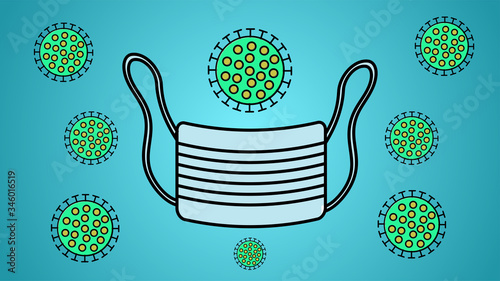 Medical protective mask, respirator and illness fatal dangerous coronavirus infection covid-19 pandemic virus molecule on a blue background
