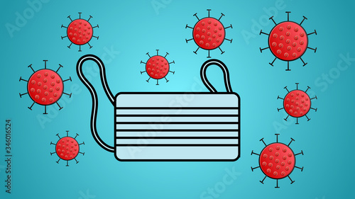 Medical protective mask, respirator and illness fatal dangerous coronavirus infection covid-19 pandemic virus molecule on a blue background