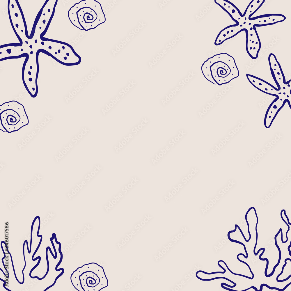 Abstract trendy frame with hand drawn different shapes and silhouettes of marine habitats. Doodle style. Square frame with text place. Modern textile, branding, packaging. Abstract trendy frame with hand drawn different shapes and silhouettes of marine habitats. Doodle style. Square frame with text place. Modern textile, branding, packaging.