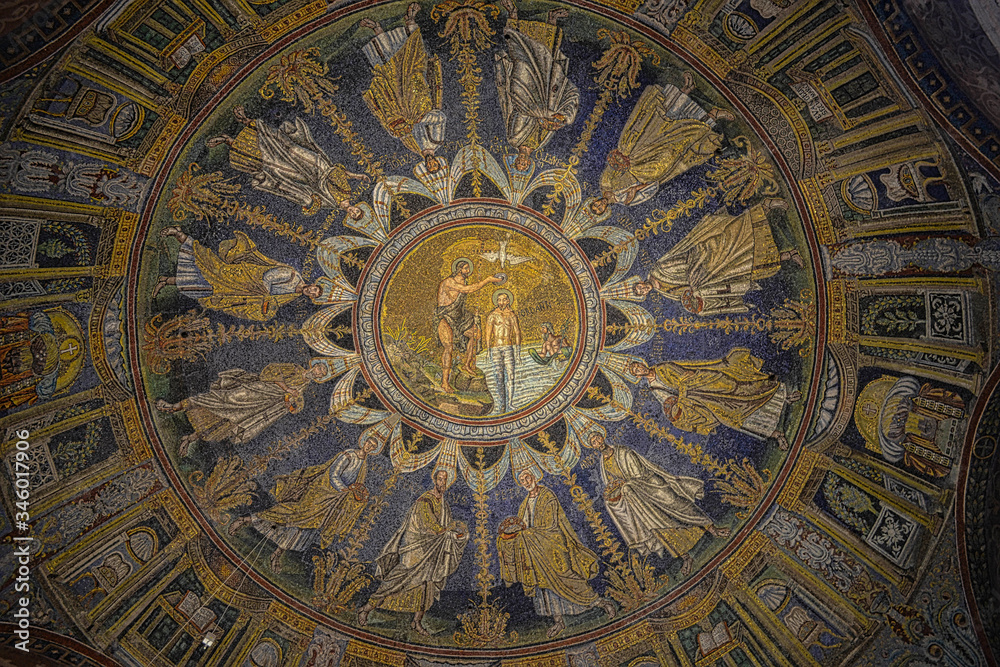 A subtle mosaic decoration on the dome of San Vitale Basilica, Ravenna, Italy