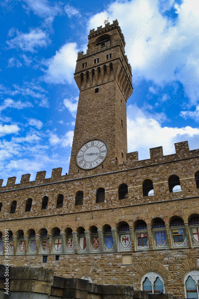 The tower of Palazzo Vecchio on a blue sky, Florence Italy