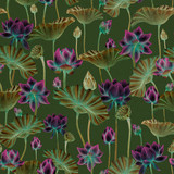 Seamless pattern with lotus flowers on green background. Indian water lily pattern. Floral endless background. Botanical background. Use it for fabrics, textile, wallpaper, wrapping paper, wrapping.