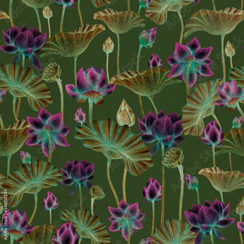 Seamless pattern with lotus flowers on green background. Indian water lily pattern. Floral endless background. Botanical background. Use it for fabrics  textile  wallpaper  wrapping paper  wrapping.