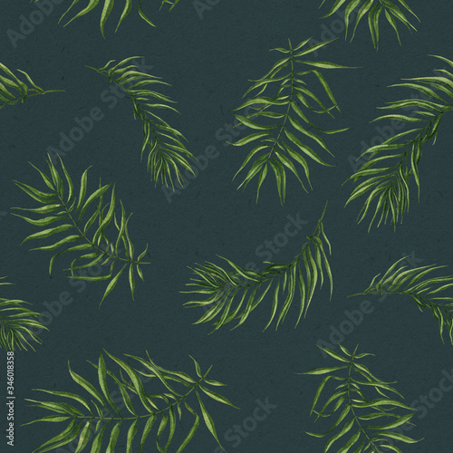 Seamless pattern with watercolor palm leaves on blue background. Tropical summer pattern. Floral endless background. Use it for fabrics, textile, wallpaper, wrapping paper, website design, invitation.