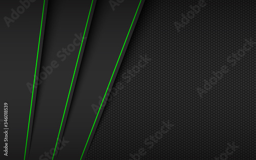 Black and grey modern material design with polygonal pattern and green stripes. Overlap paper, corporate template for your business, vector abstract widescreen background