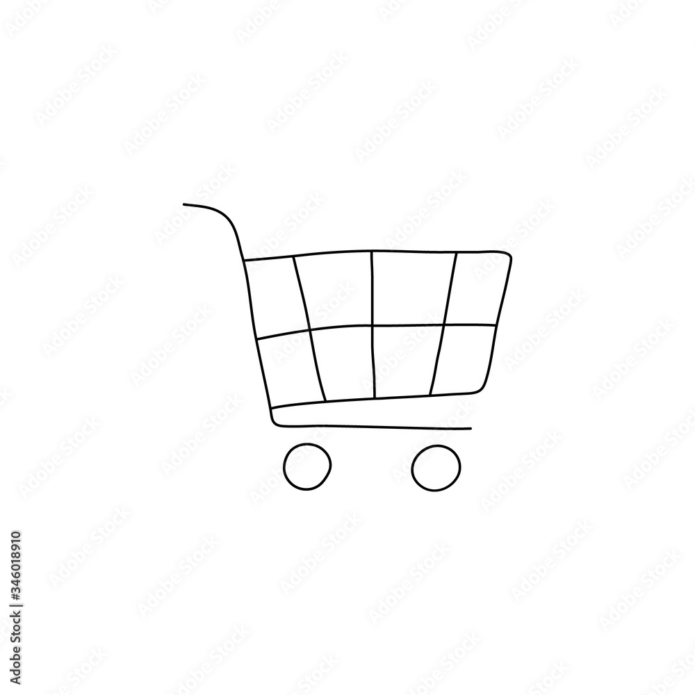 Hand drawn shopping cart icon. Trolley symbol in doodle style vector illustration isolated on white. Hand drawn shopping cart icon. Trolley symbol in doodle style vector illustration isolated on white.
