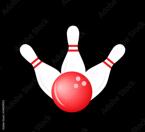 Bowling white pins and red ball. Realistic sport objects for banner, poster, flyer, card, label . Vector illustration