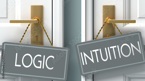 intuition or logic as a choice in life - pictured as words logic, intuition on doors to show that logic and intuition are different options to choose from, 3d illustration photo