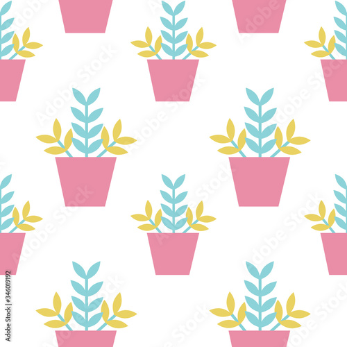 Cute bright pattern with plants in pots on the white background. Seamless ornament for poster, postcard, envelope, wrapping paper, packaging, scrapbook, textile, wallpaper. Vector illustration