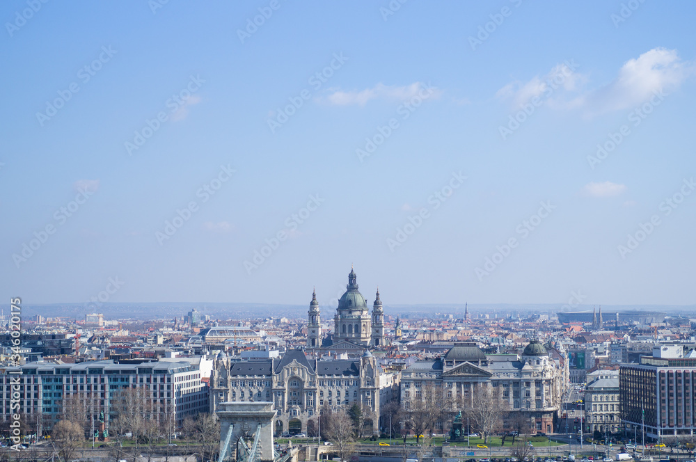 BUDAPEST, HUNGARY - MARCH 2020. Aerial view square with people in front of Saint Stephens Basilica in Budapest