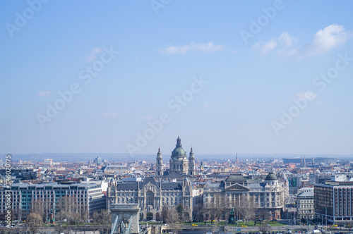 BUDAPEST, HUNGARY - MARCH 2020. Aerial view square with people in front of Saint Stephens Basilica in Budapest