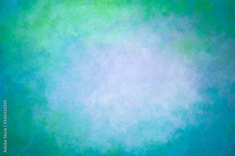 watercolor paint background green-blue bright background, textured wall with dark edges and a bright center.