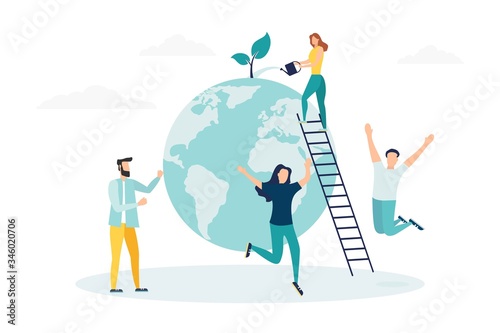 Earth Day Man Save Green Planet Environment. People of World Water Plant for Ecology Celebration Preparation in April. Nature Globe Ecology Protect Concept Flat Cartoon Vector Illustration