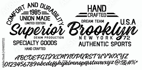Vector illustration on a theme of American jeans, denim and raw. Vintage design. Grunge background. Typography, t-shirt graphics, print, poster, banner, flyer, postcard.Handmade Vintage Font for label