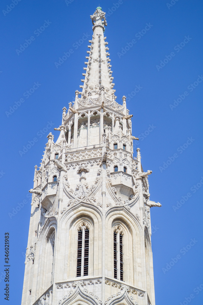 BUDAPEST, HUNGARY - APRIL 2020: Church of St. Matthias in the territory of the Fishing Bastion. Budapest, Hungary
