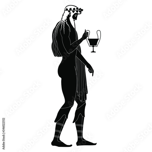 Isolated vector illustration. Ancient Greek god Dionysus holding cup of wine. Vase painting motif. Black and white silhouette.