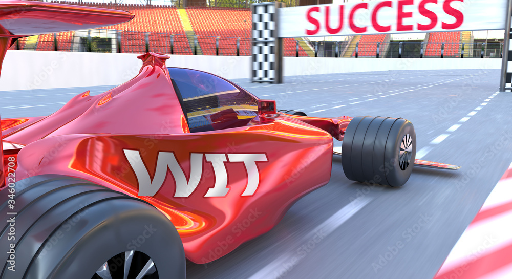 Wit and success - pictured as word Wit and a f1 car, to symbolize that Wit can help achieving success and prosperity in life and business, 3d illustration