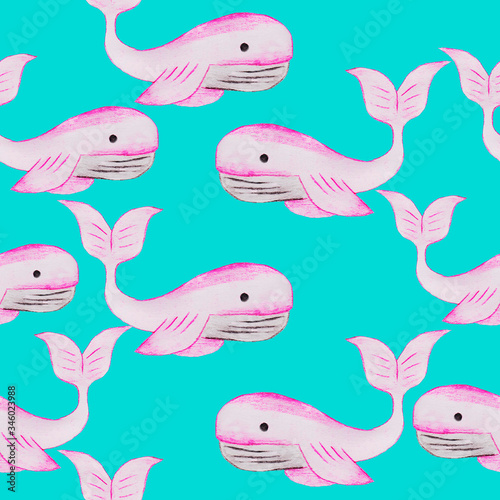 pink whale  a girl lives in the seas and oceans  big fish.seamless