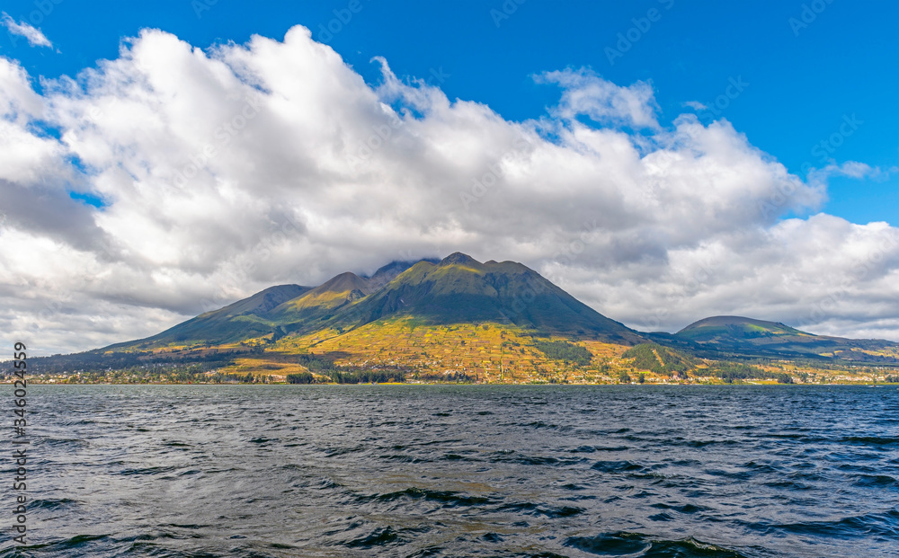 Landscape of the San Pablo Lake with the Imbabura volcano in the north of Quito, Ecuador.