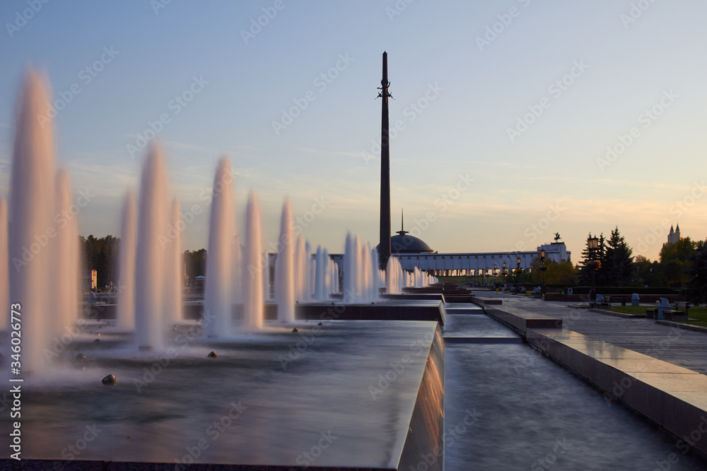 Fountains in Victory Park (Park Pobedy) at sunset