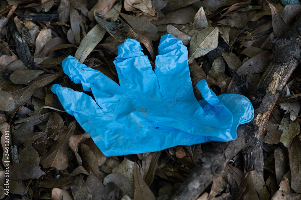 Blue rubber glove on brown leaves Blue rubber glove on brown leaves