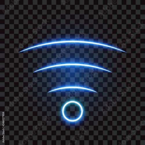 Neon blue wifi sign on tansparent background, vector illustration.