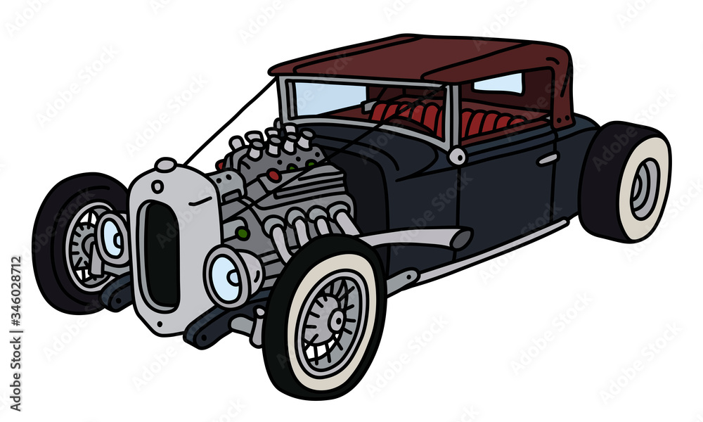 The vectorized hand drawing of a funny black convertible hotrod