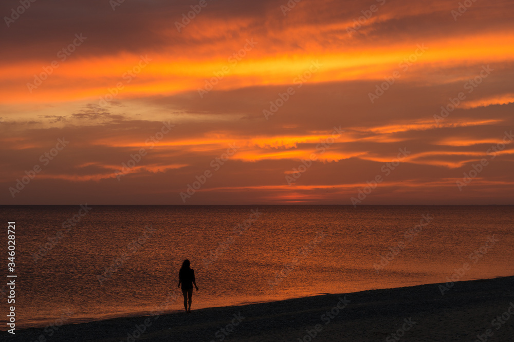 Silhouette of a slender girl watch the beautiful sunset on the seashore on a summer evening. Lonely young girl walks along the seashore at sunset Silhouette of a slender girl watch the beautiful sunset on the seashore on a summer evening. Lonely young girl walks along the seashore at sunset
