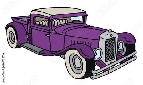 The vectorized hand drawing of a funny violet hotrod truck