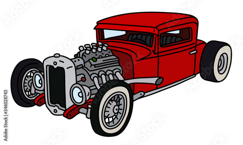 The vectorized hand drawing of a funny red  hotrod