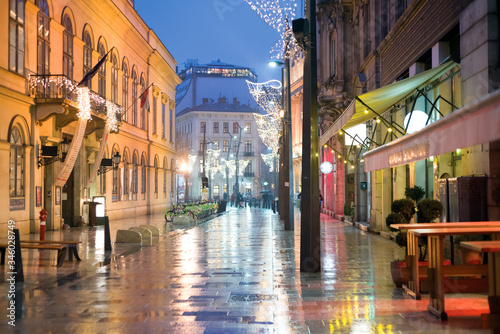 Night street of Budapest Hungary, rain