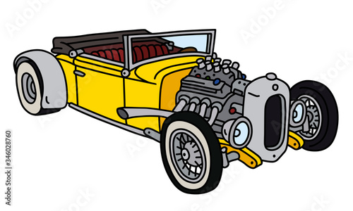 The vectorized hand drawing of a funny yellow open hotrod
