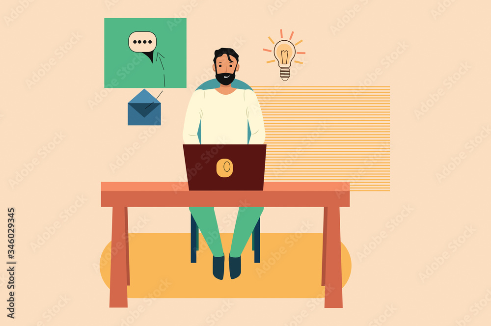 A man works remotely behind a laptop, freelancer, vector illustration for business, advertising A man works remotely behind a laptop, freelancer, vector illustration for business, advertising