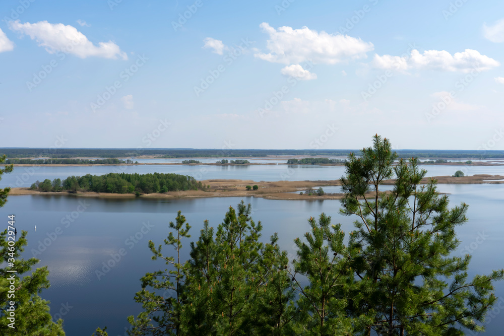 Landscape of Dnieper river with islands covered by fores in Vitachiv, Ukraine 