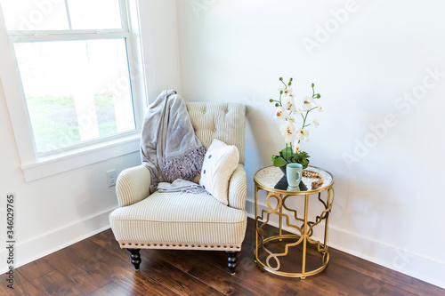 Reading nook corner of a new construction house with hardwood floors