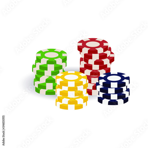 Colorful realistic casino tokens, gaming cheques, or checks for table game of chance, gambling (blackjack, roulette, bet etc). Round red, yellow, green, black 3D casino chips in stacks, piles