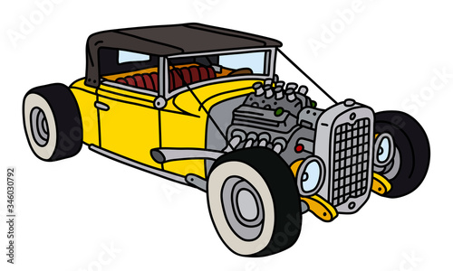 The vectorized hand drawing of a funny yellow hotrod