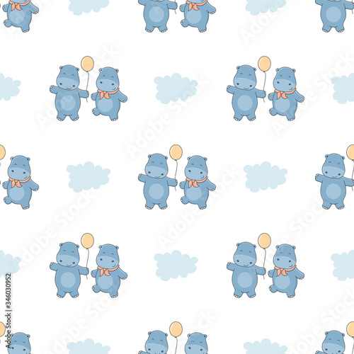 Draw seamless background with little hippopotamus. Vector cartoon pattern for kids.