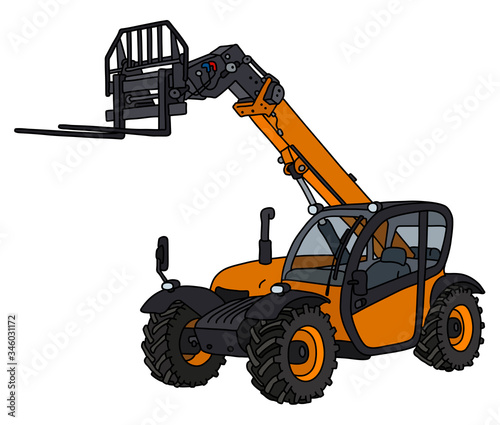 The vectorized hand drawing of an orange large forklift stacker