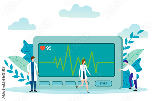Vector illustration.People in white coats are preparing a cardiograph for work.The concept of heart attack prevention.