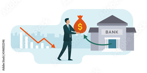 Economic crisis and businessman receiving financial assistance