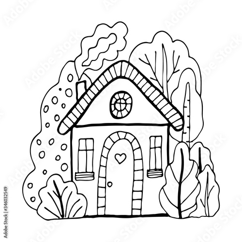 Hand drawn doodles cartoon house in the village. Black and white cute bulding line art vector illustration.