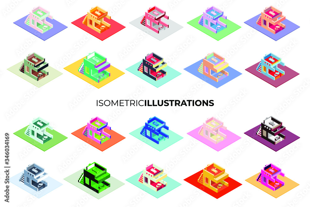 Set of a 3D isometric modern private house, cafe, restaurant , motel, coffee shop vector illustrations in different styles and colours Set of a 3D isometric modern private house, cafe, restaurant , motel, coffee shop vector illustrations in different styles and colours
