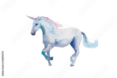 White watercolor unicorn running, hand painted illustration isolated on white background