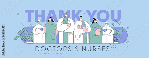 Flat vector illustration. Thank you doctors and nurses working in the hospitals and fighting the coronavirus