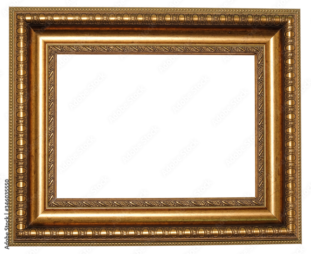 Golden photo frame. Isolated object on a white background. Golden photo frame. Isolated object on a white background.